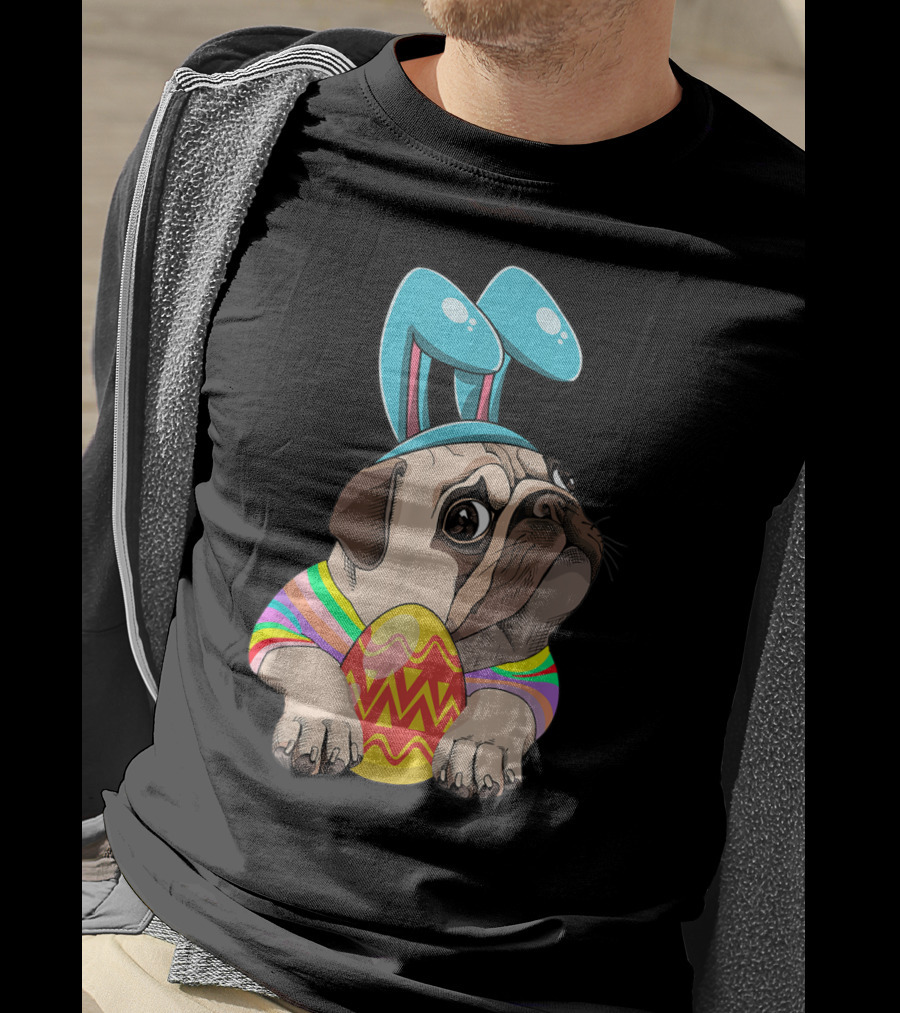 Cute Easter Pug With Bunny Ears Hugging Egg T-Shirt