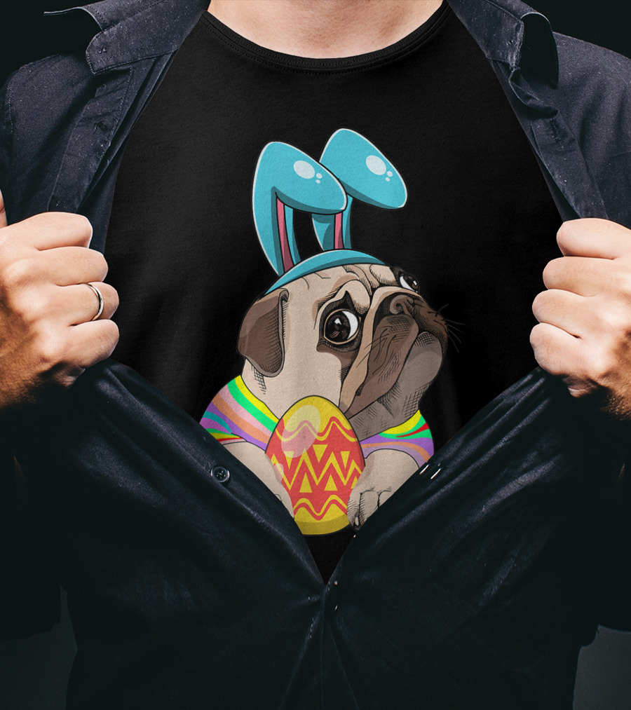 Cute Easter Pug With Bunny Ears Hugging Egg T-Shirt