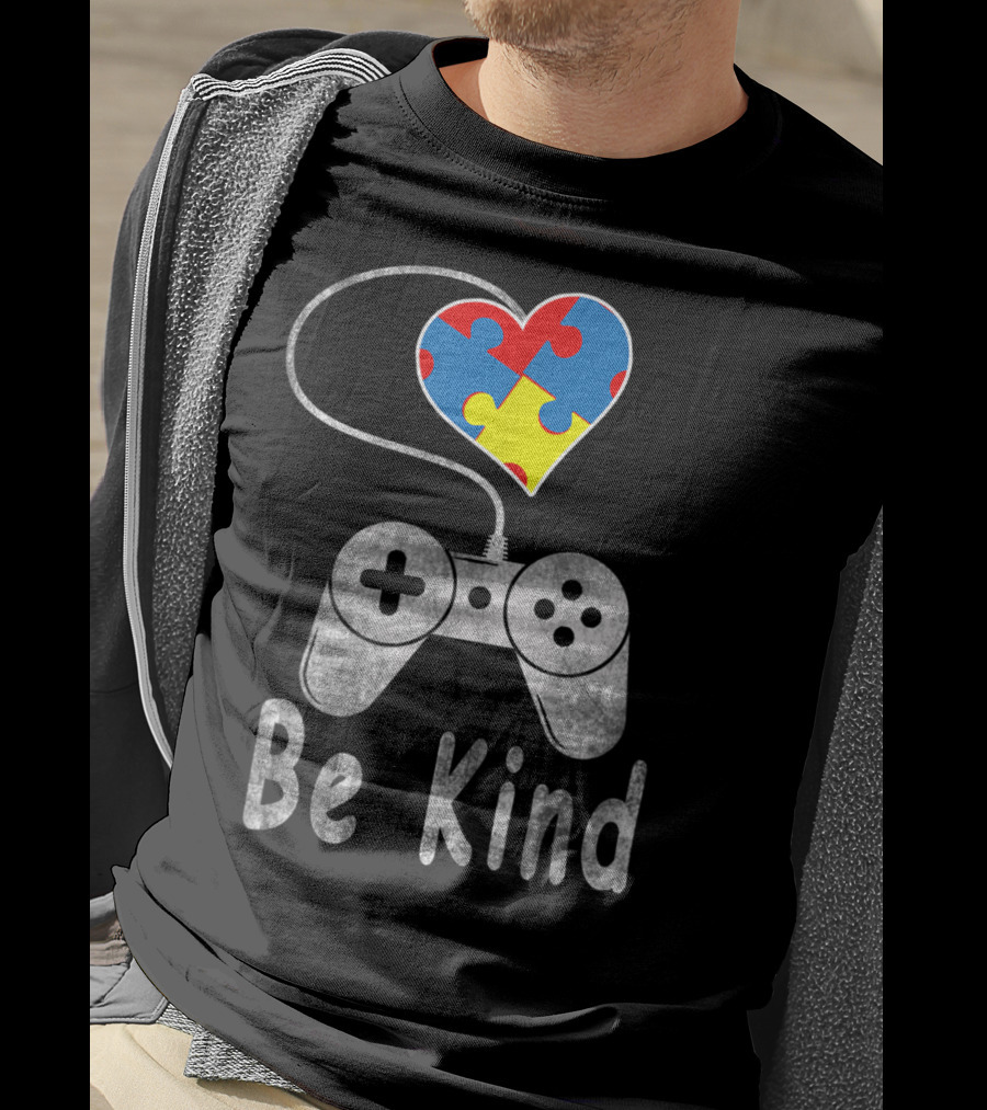 Be Kind Autism Awareness Puzzle Piece Heart Video Game Controller T-Shirt