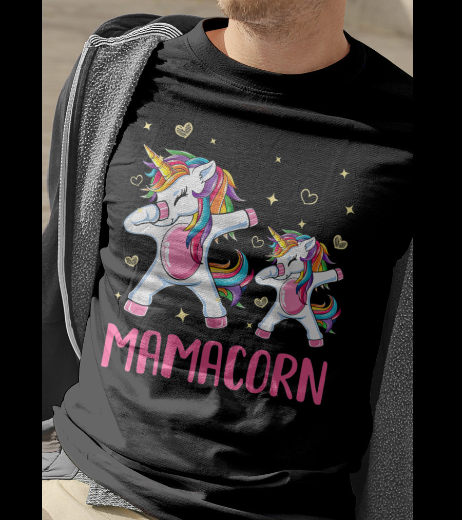 Colorful Dabbing Unicorns Mamacorn With Rainbow Hair And Hearts T-Shirt