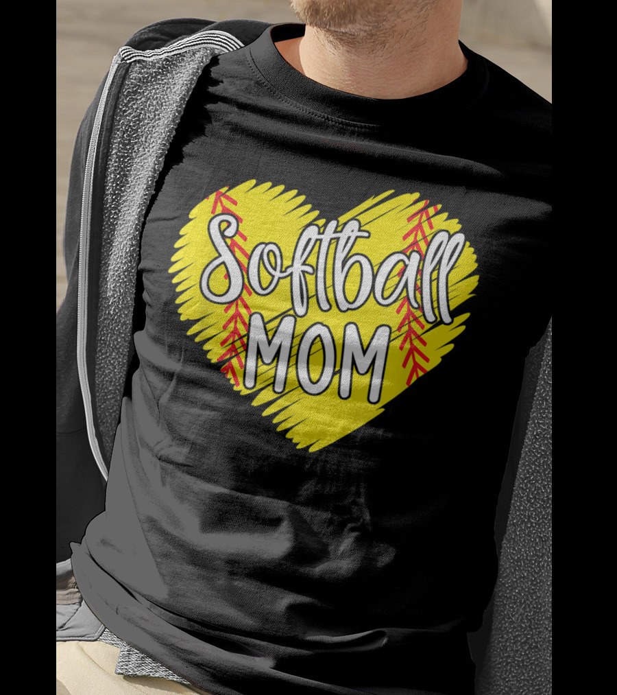 Softball Mom Heart Yellow Red Stitching Baller Mama T-Shirt
