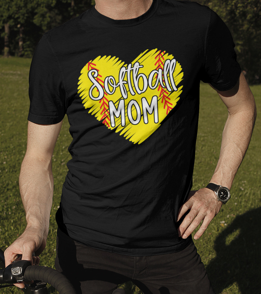 Softball Mom Heart Yellow Red Stitching Baller Mama T-Shirt