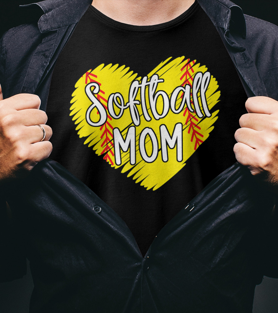 Softball Mom Heart Yellow Red Stitching Baller Mama T-Shirt
