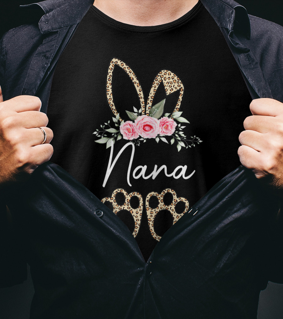 Nana Easter Leopard Print Bunny Ears And Floral T-Shirt