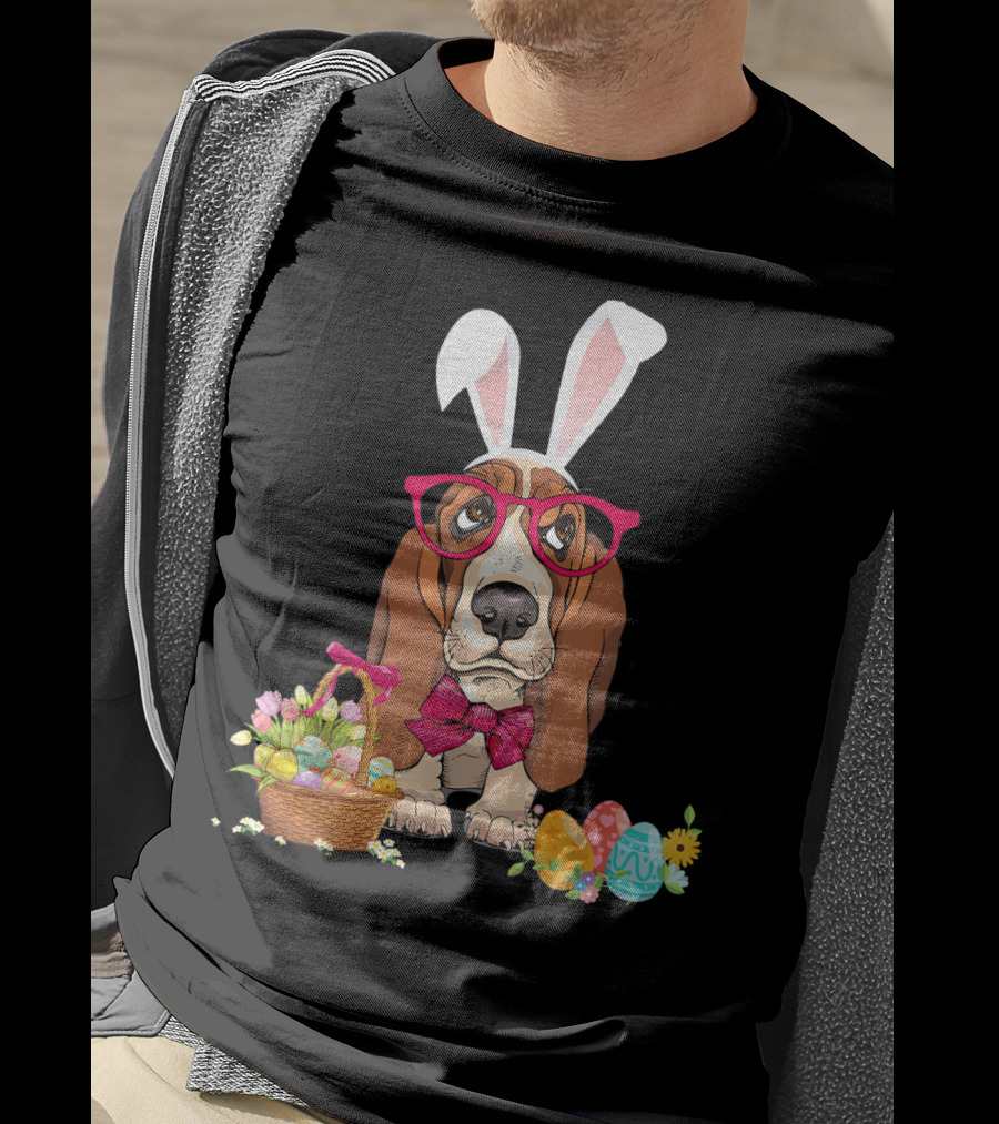 Basset Hound Bunny Rabbit With Glasses And Easter Egg Basket T-Shirt