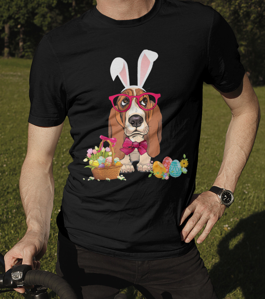 Basset Hound Bunny Rabbit With Glasses And Easter Egg Basket T-Shirt