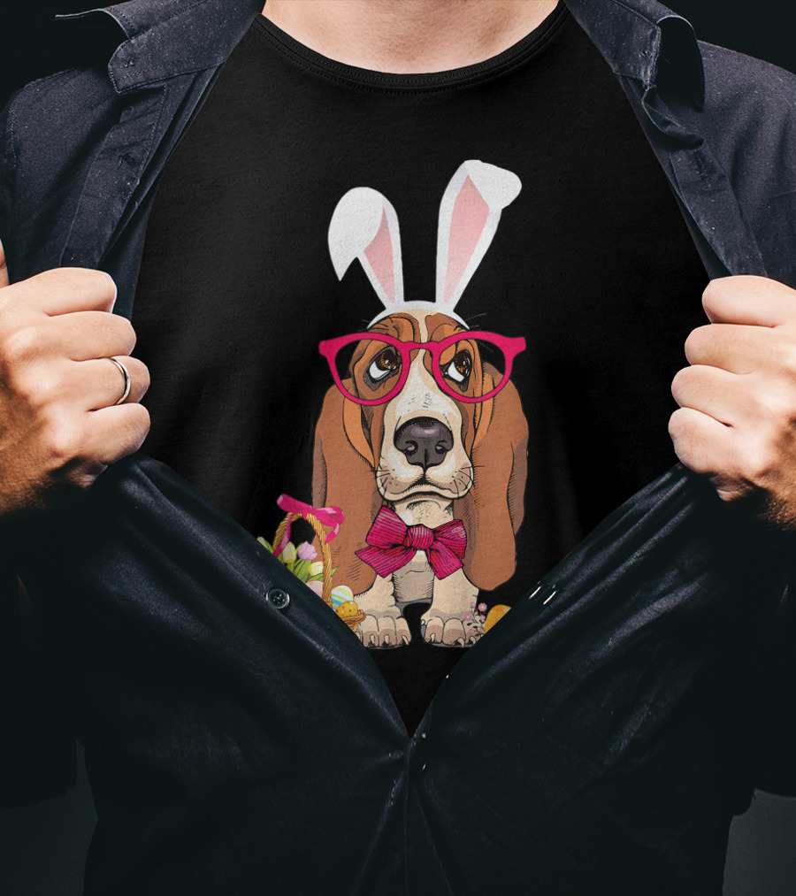 Basset Hound Bunny Rabbit With Glasses And Easter Egg Basket T-Shirt