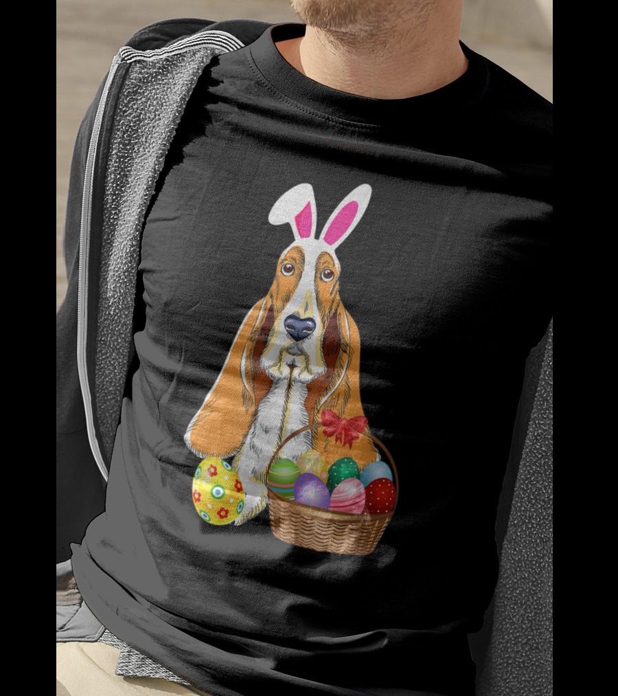 Basset Hound Bunny Rabbit Hat With Easter Eggs Basket T-Shirt
