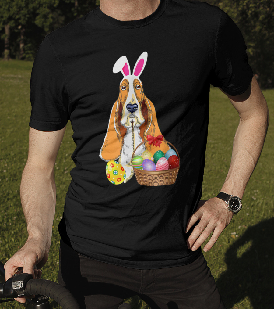 Basset Hound Bunny Rabbit Hat With Easter Eggs Basket T-Shirt