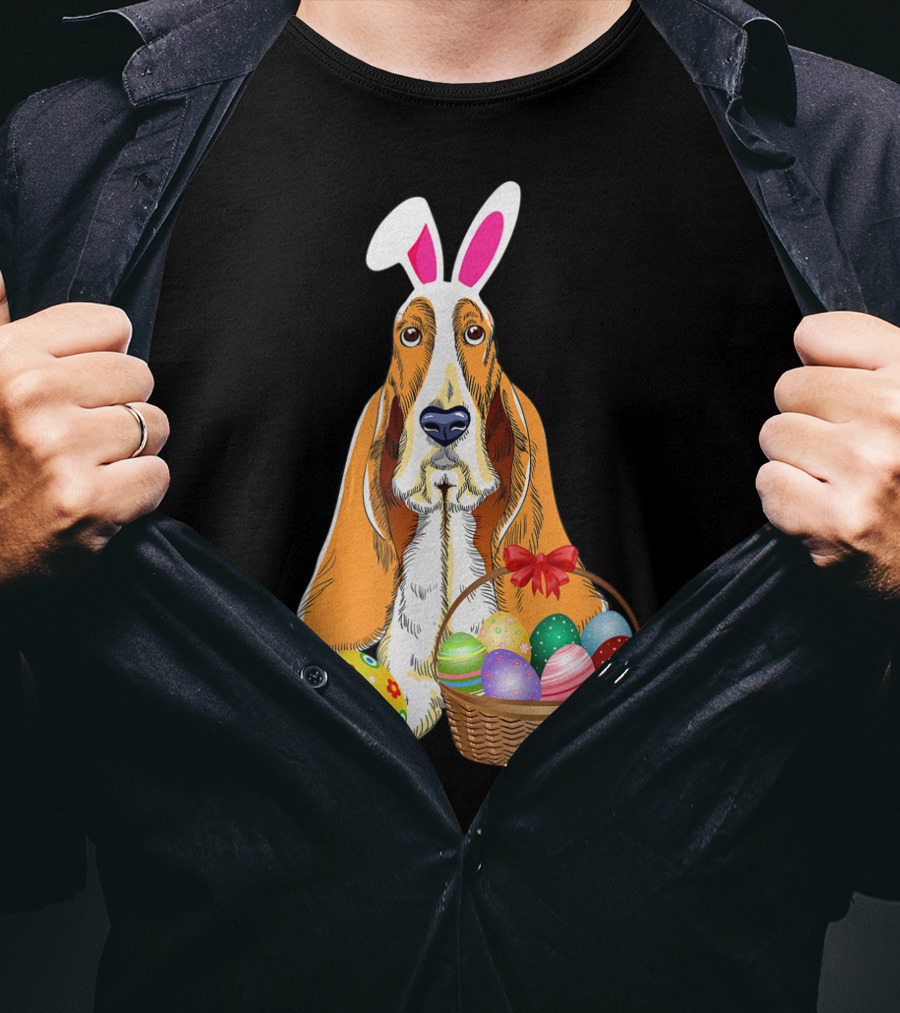 Basset Hound Bunny Rabbit Hat With Easter Eggs Basket T-Shirt