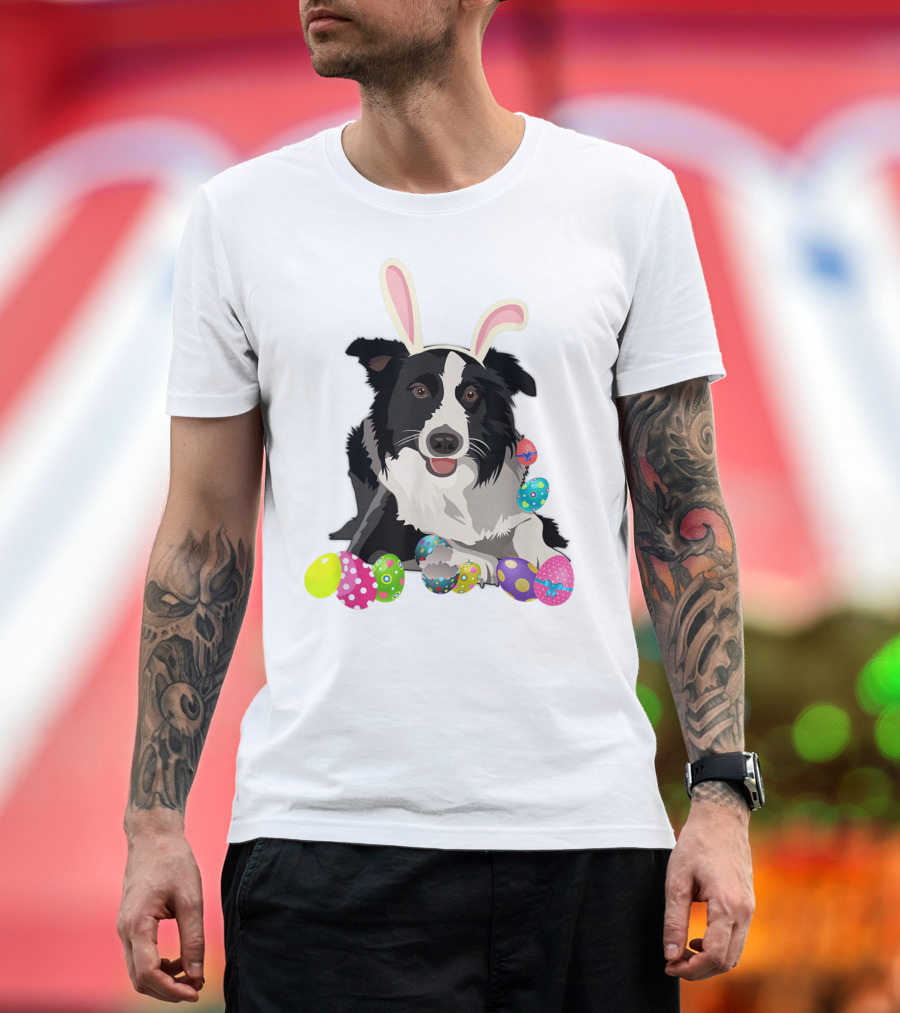 Border Collie Dog in Bunny Rabbit Hat with Colorful Easter Eggs T-Shirt