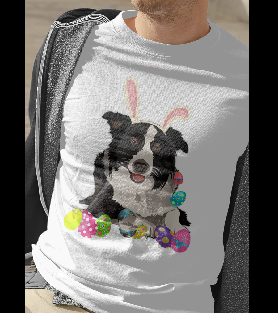 Border Collie Dog In Bunny Rabbit Hat With Colorful Easter Eggs T-Shirt