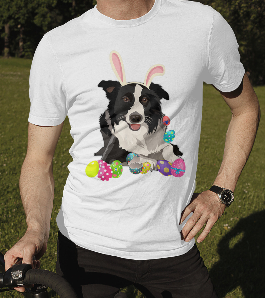 Border Collie Dog In Bunny Rabbit Hat With Colorful Easter Eggs T-Shirt