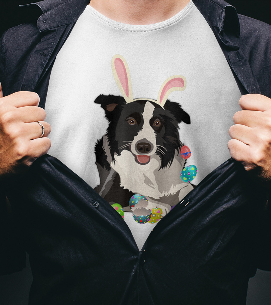 Border Collie Dog In Bunny Rabbit Hat With Colorful Easter Eggs T-Shirt