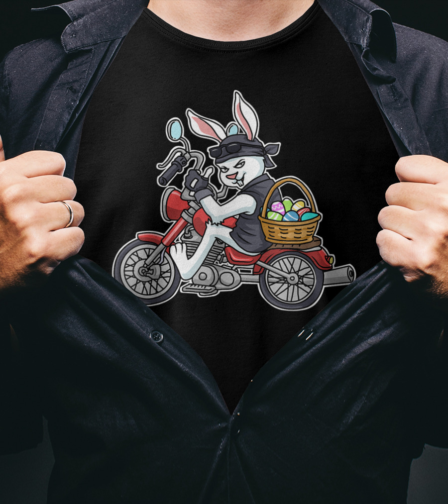 Easter Bunny Motorcycle Biker With Basket Of Eggs Braap T-Shirt