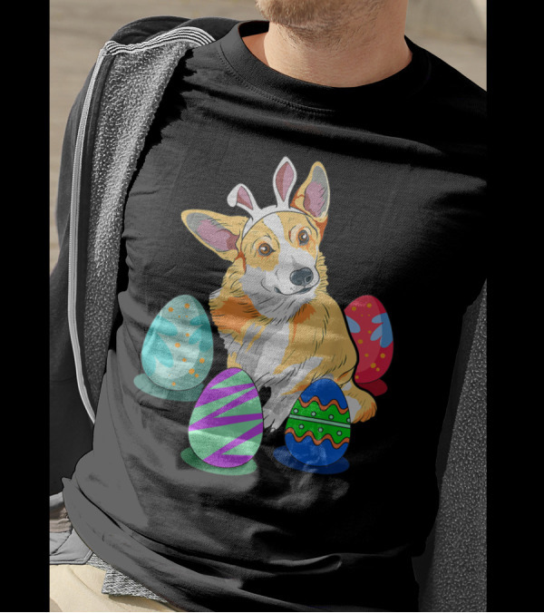 Cute Easter Corgi With Colorful Easter Eggs And Bunny Ears T-Shirt