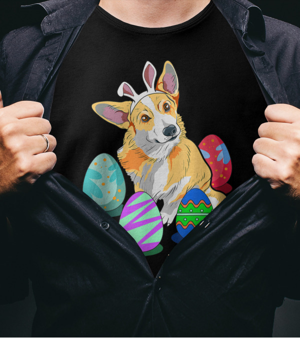 Cute Easter Corgi With Colorful Easter Eggs And Bunny Ears T-Shirt