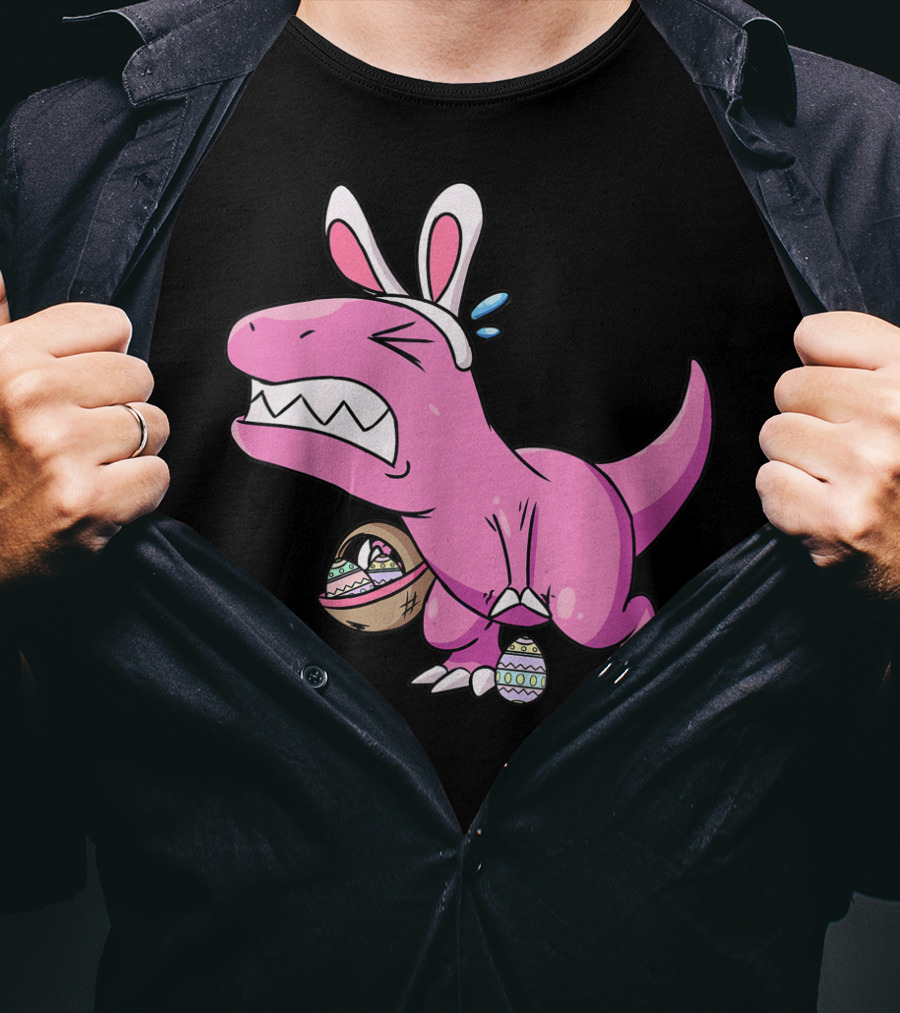 Easter Dinosaur Rex Egg Hunt Is On Funny T-Rex With Bunny Ears And Basket T-Shirt