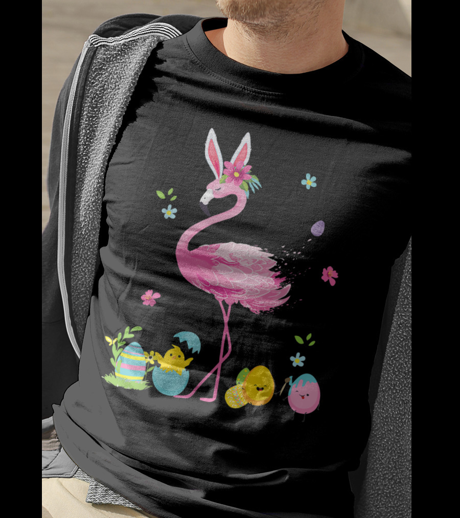 Easter Flamingo With Bunny Ears And Colorful Eggs T-Shirt