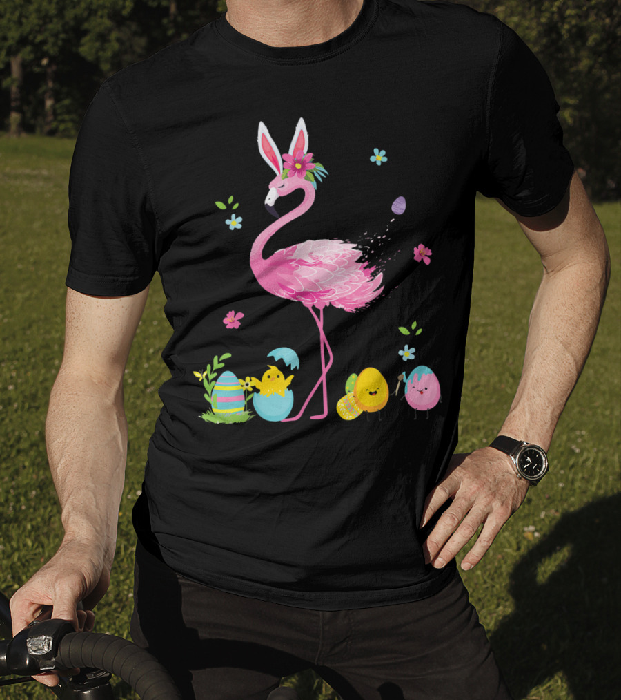 Easter Flamingo With Bunny Ears And Colorful Eggs T-Shirt