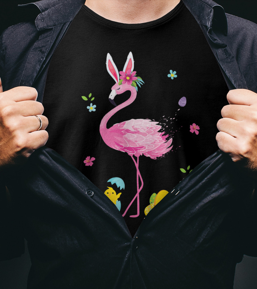 Easter Flamingo With Bunny Ears And Colorful Eggs T-Shirt