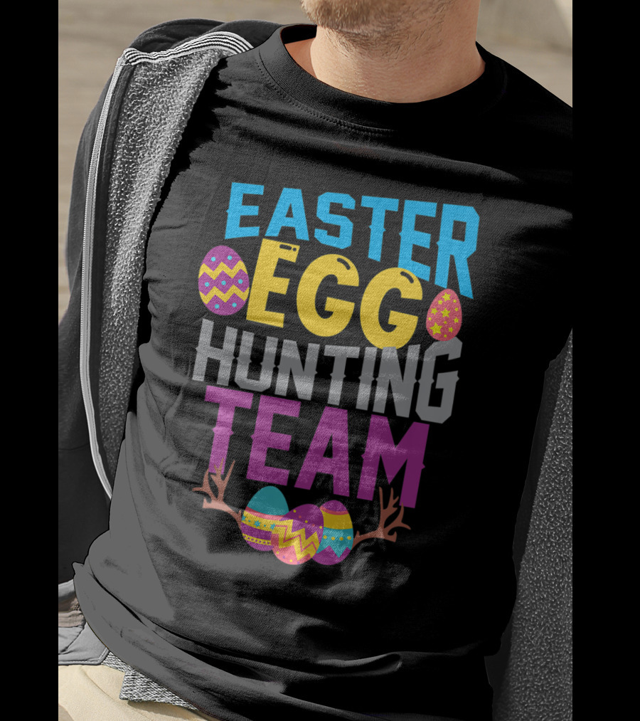 Easter Egg Hunting Team With Colorful Eggs And Antlers T-Shirt