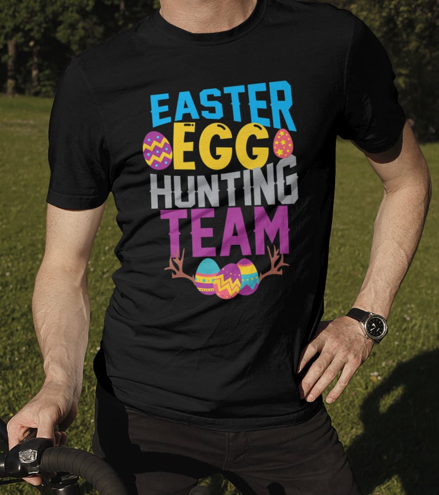 Easter Egg Hunting Team With Colorful Eggs And Antlers T-Shirt