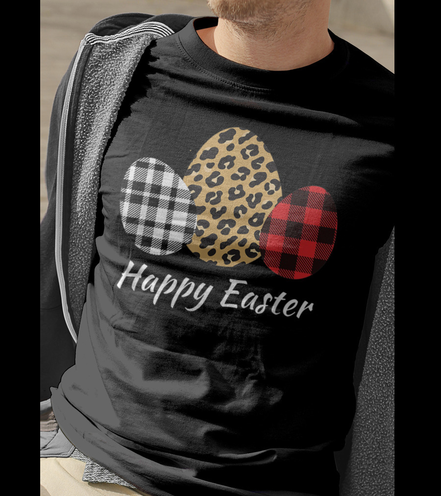 Happy Easter Eggs Buffalo Plaid Red Leopard T-Shirt