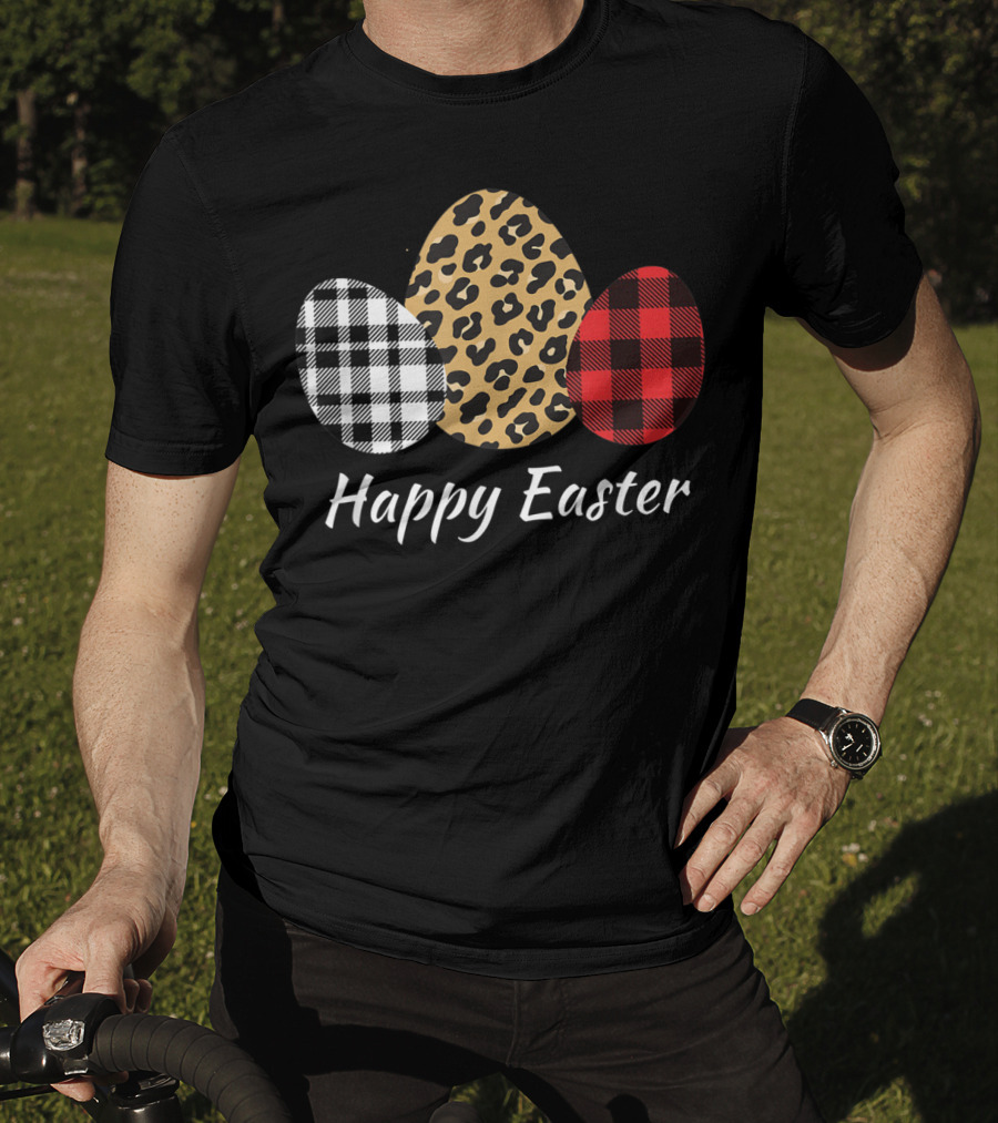Happy Easter Eggs Buffalo Plaid Red Leopard T-Shirt