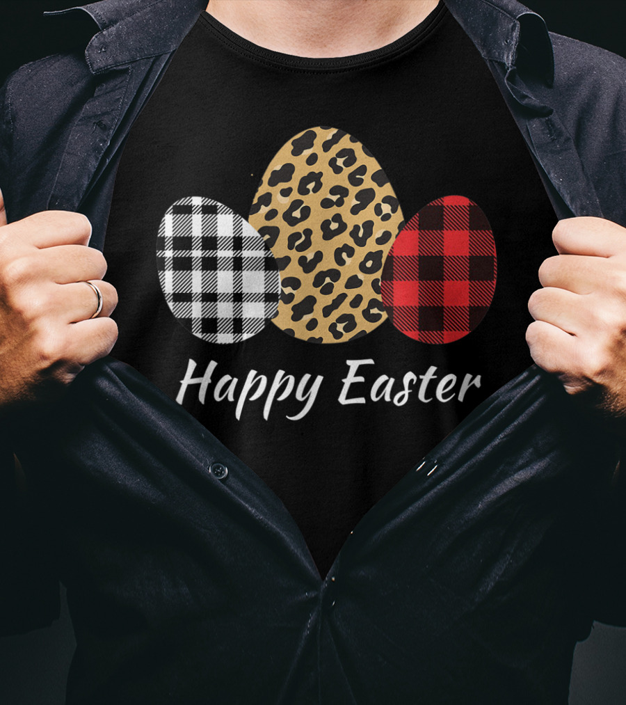 Happy Easter Eggs Buffalo Plaid Red Leopard T-Shirt