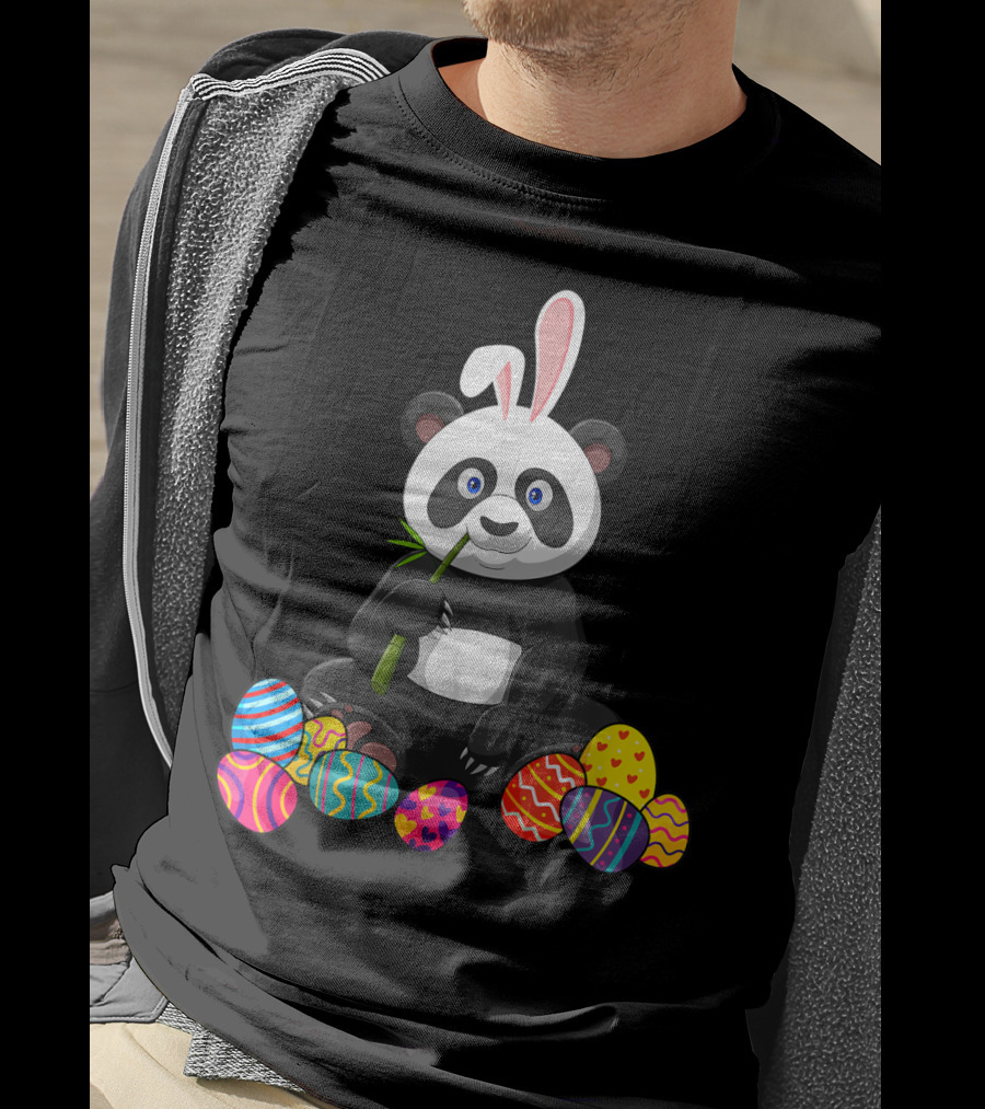 Panda Bunny Ear Eating Bamboo With Colorful Easter Eggs T-Shirt