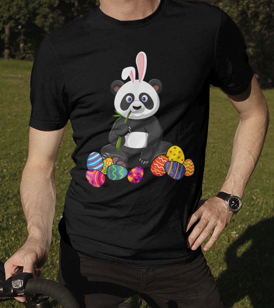 Panda Bunny Ear Eating Bamboo With Colorful Easter Eggs T-Shirt