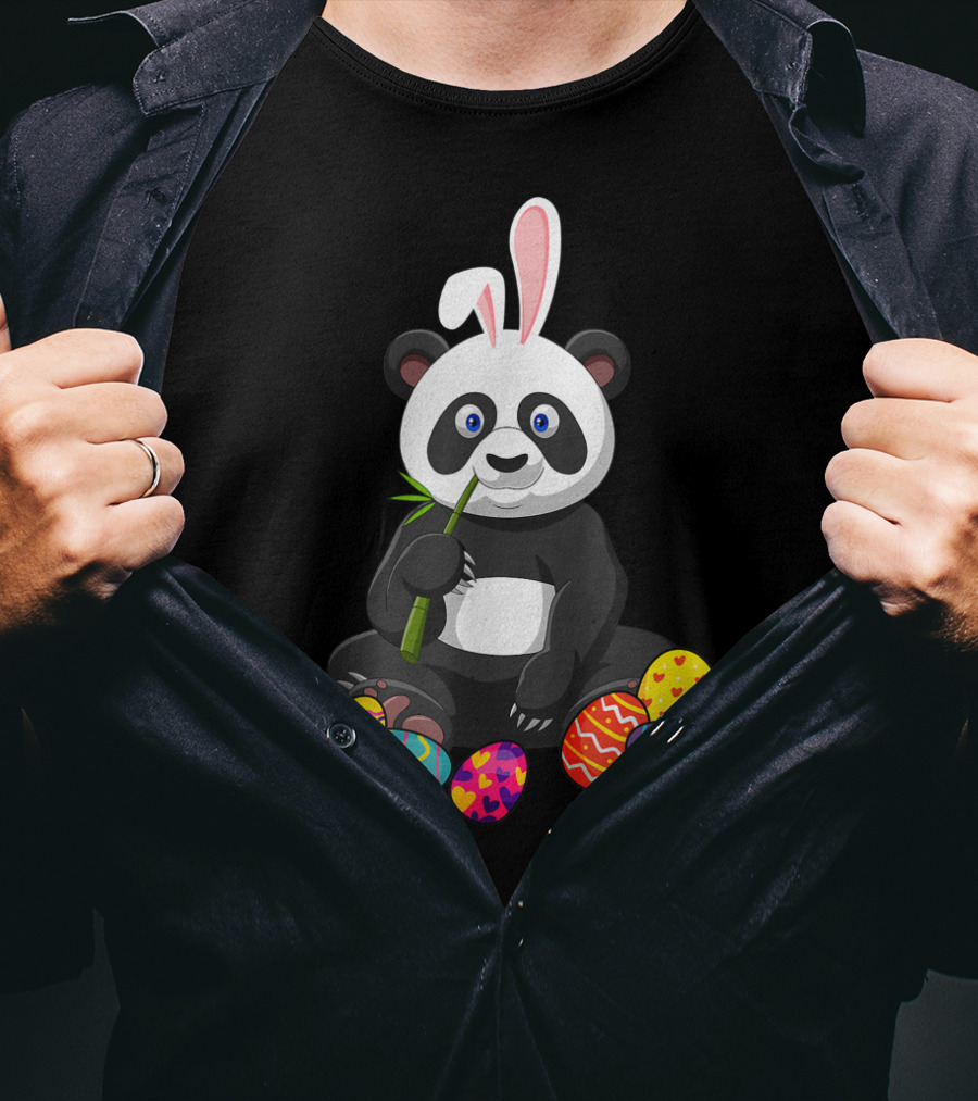 Panda Bunny Ear Eating Bamboo With Colorful Easter Eggs T-Shirt