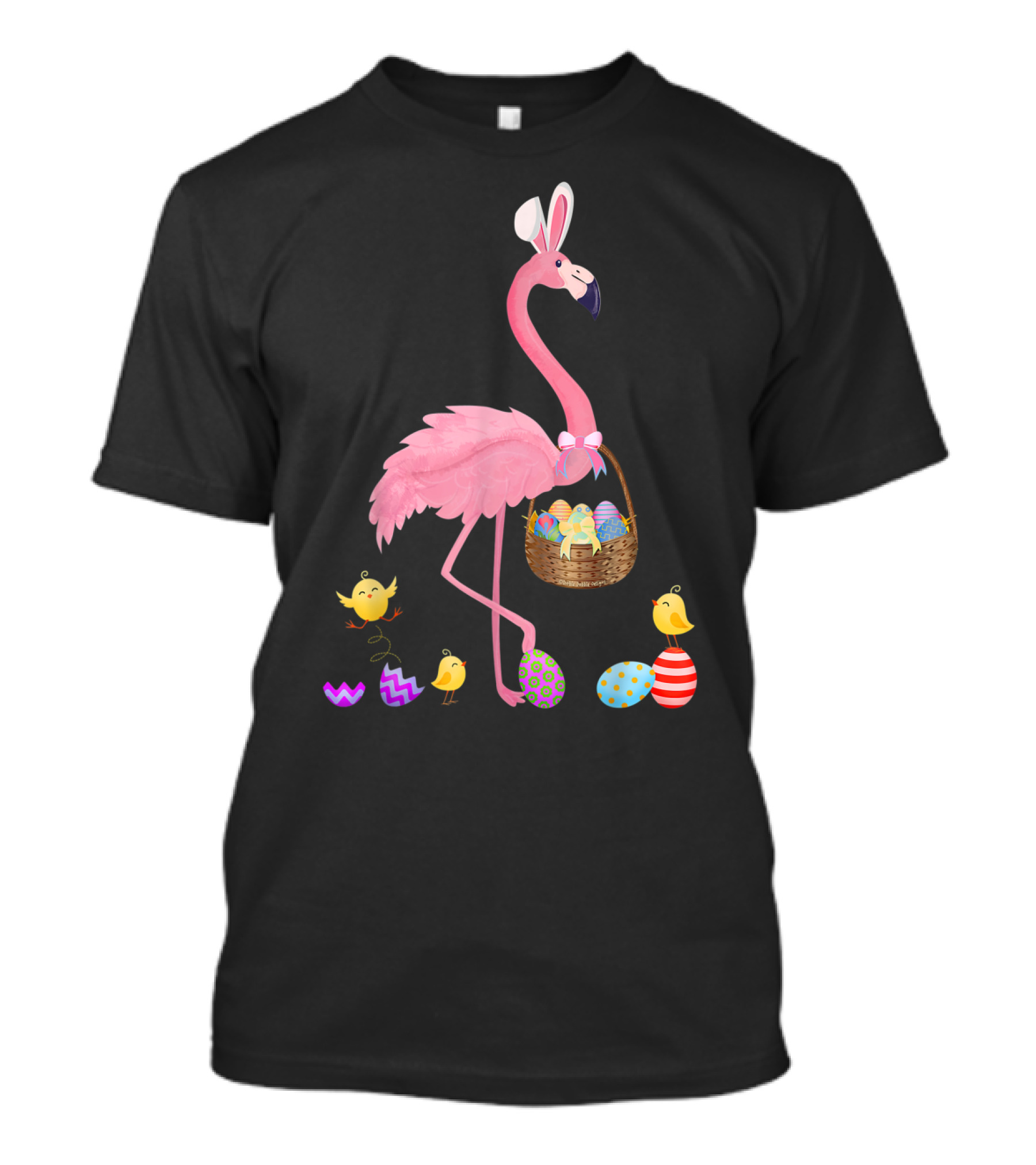 Pretty Easter Flamingo With Basket And Colorful Eggs T-Shirt