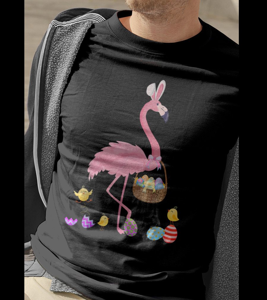 Pretty Easter Flamingo With Basket And Colorful Eggs T-Shirt