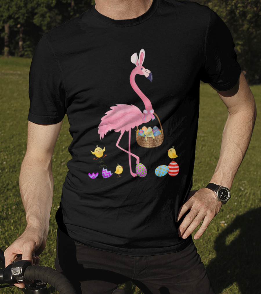 Pretty Easter Flamingo With Basket And Colorful Eggs T-Shirt