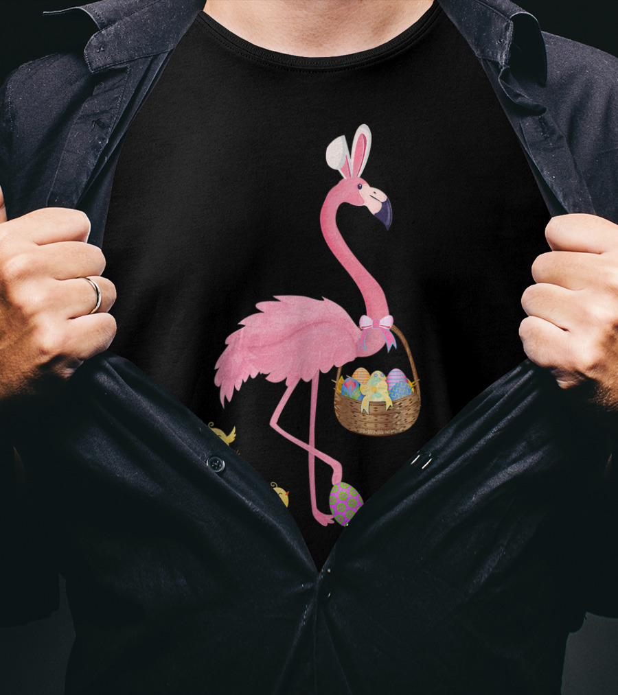 Pretty Easter Flamingo With Basket And Colorful Eggs T-Shirt