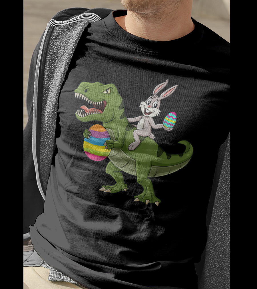 Rabbit On Dinosaur Holding Colorful Easter Eggs T-Shirt