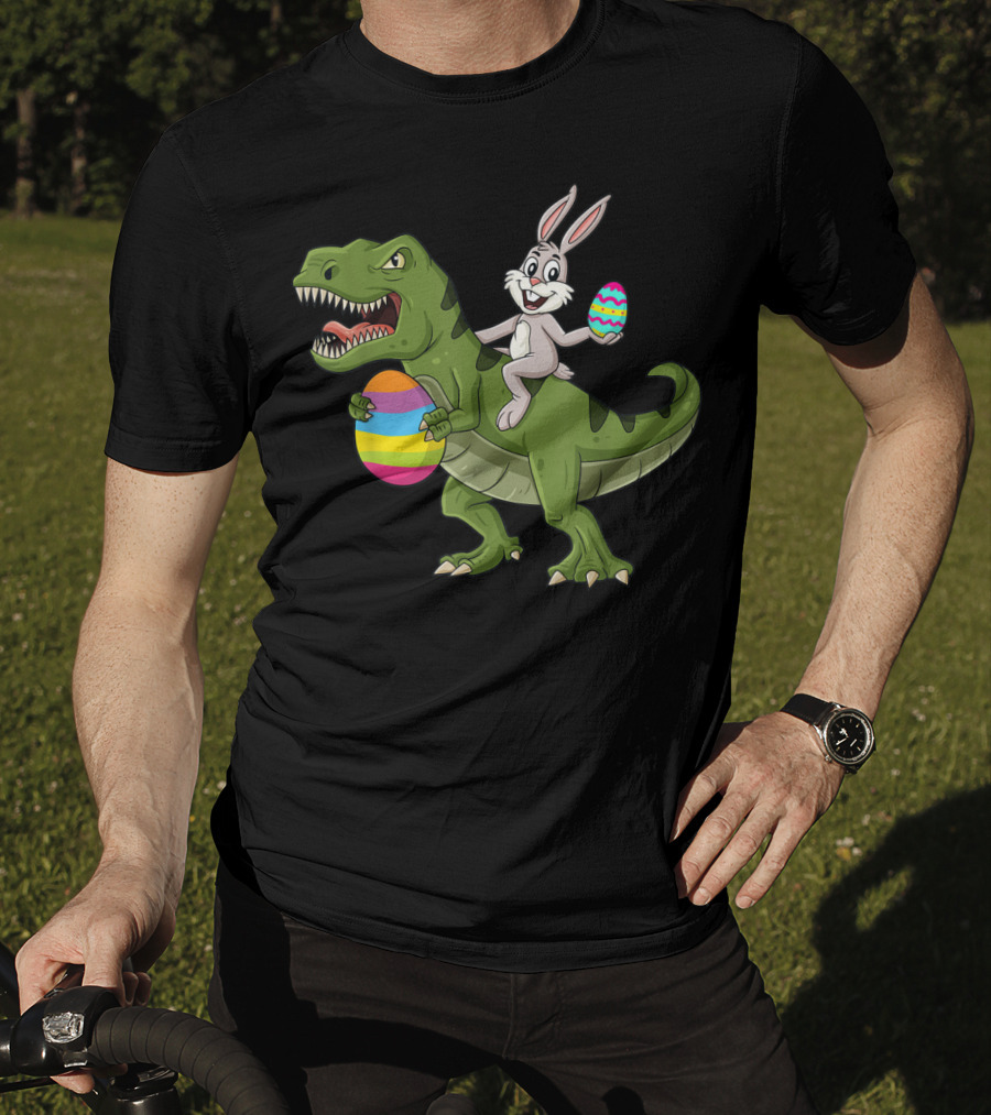Rabbit On Dinosaur Holding Colorful Easter Eggs T-Shirt