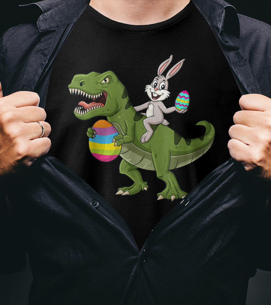 Rabbit On Dinosaur Holding Colorful Easter Eggs T-Shirt