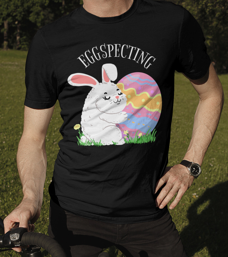 Eggspecting Easter Bunny Hugging Colorful Egg Pregnancy Announcement T-Shirt