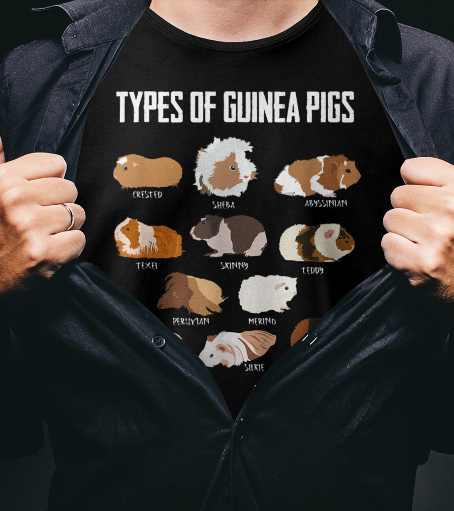 Types Of Guinea Pigs Crested Sheba Abyssinian Texel Skinny Teddy Peruvian Merino Himalayan Silkie Rex T-Shirt