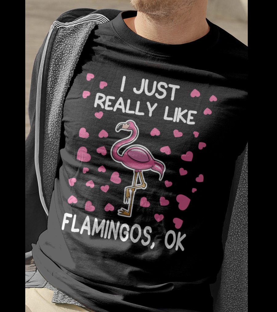 I Just Really Like Flamingos OK Surrounded By Pink Hearts Flamingo Lover T-Shirt