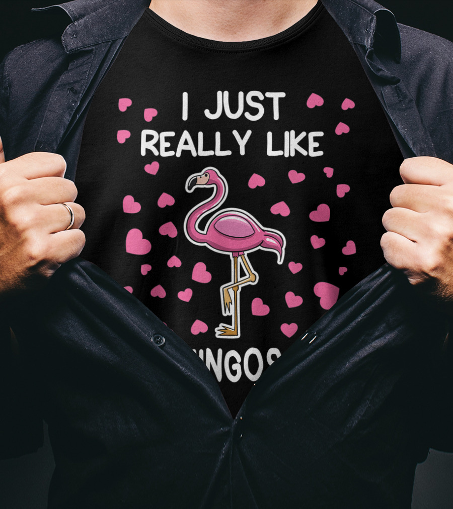 I Just Really Like Flamingos OK Surrounded By Pink Hearts Flamingo Lover T-Shirt