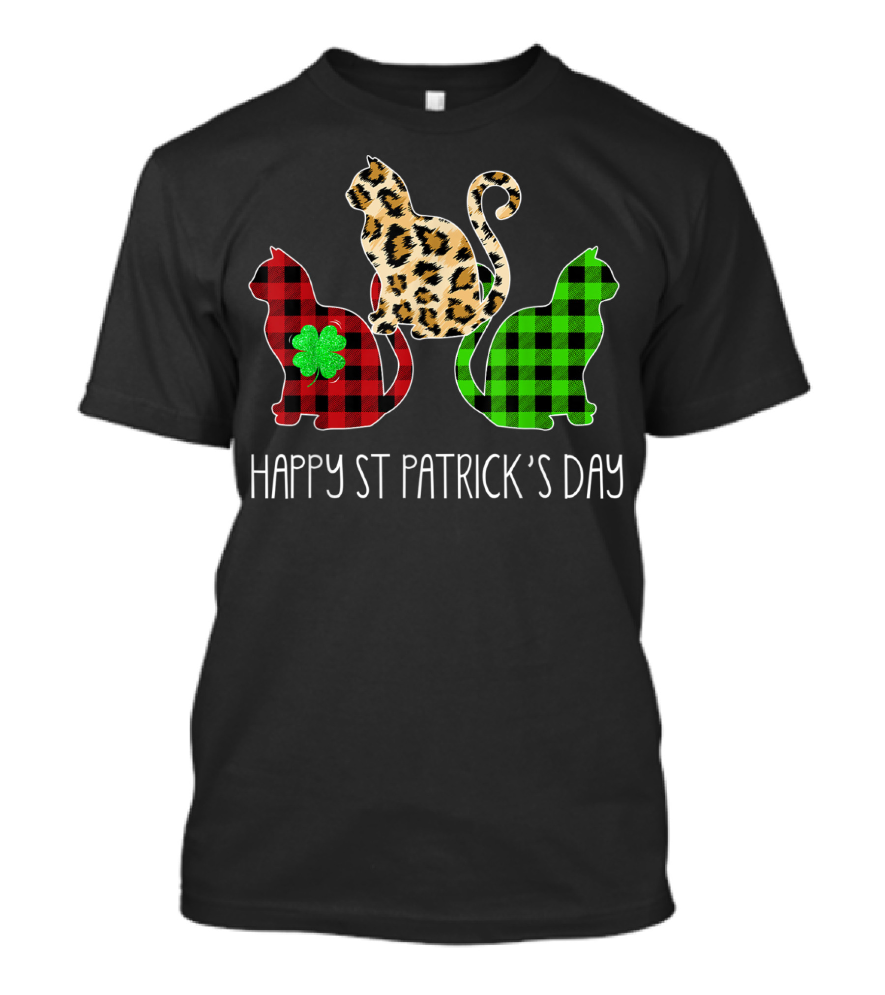 Happy St Patrick’s Day Leopard Buffalo Plaid Cat Trio T-Shirt