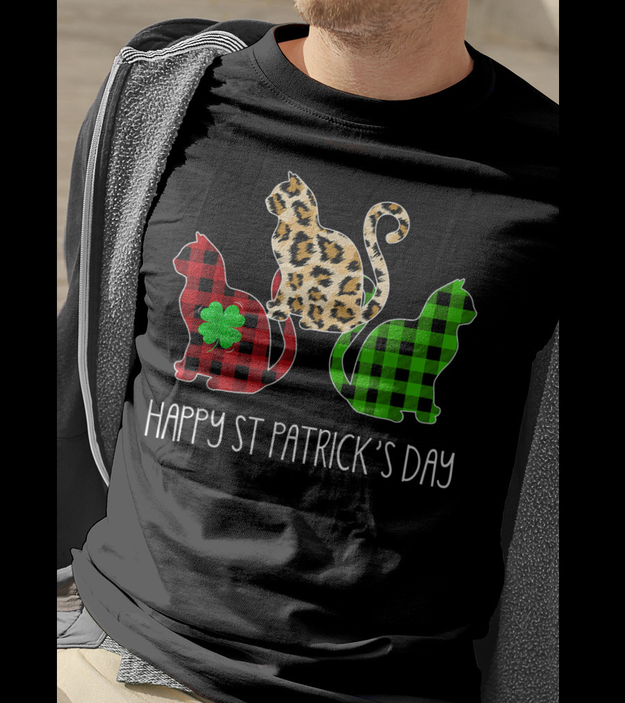 Happy St Patrick’s Day Leopard Buffalo Plaid Cat Trio T-Shirt