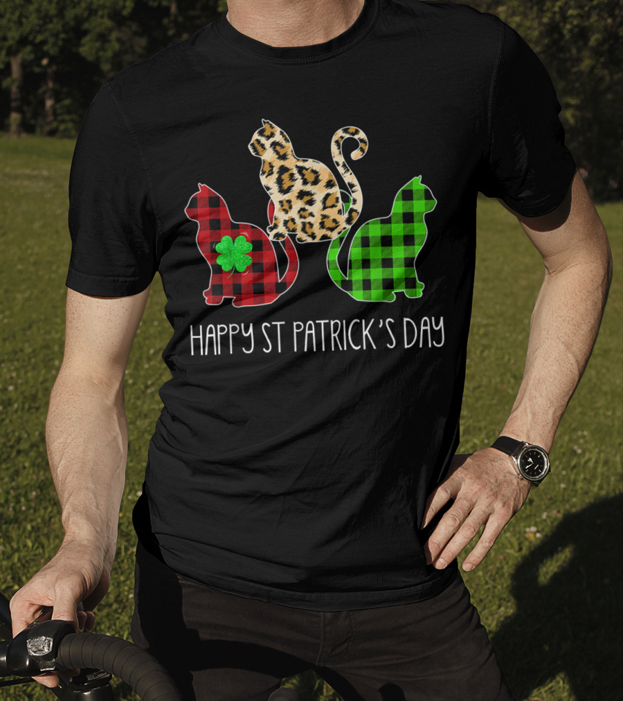 Happy St Patrick’s Day Leopard Buffalo Plaid Cat Trio T-Shirt