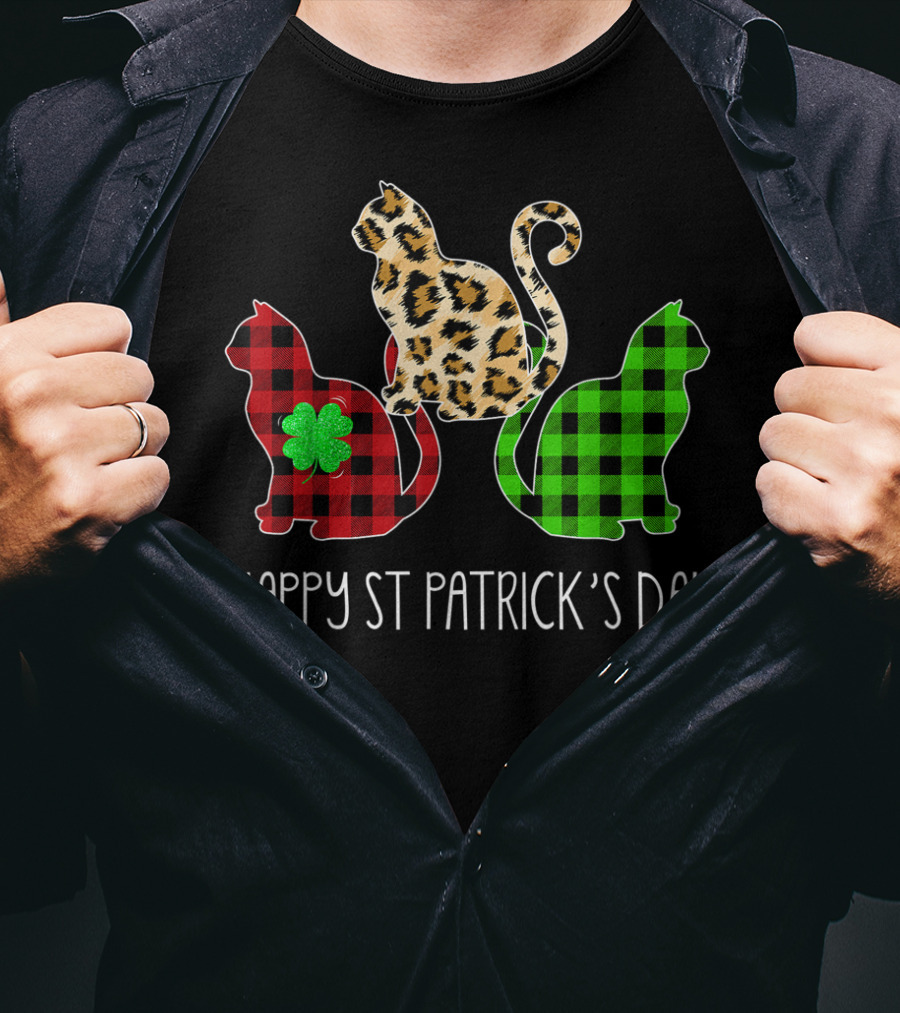 Happy St Patrick’s Day Leopard Buffalo Plaid Cat Trio T-Shirt