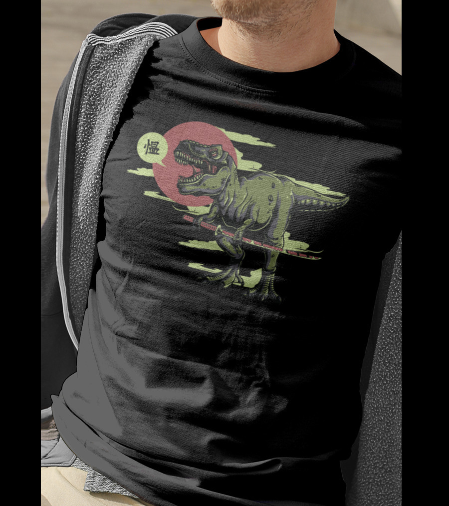 T Rex Dinosaur Samurai With Katana And Japanese T-Shirt