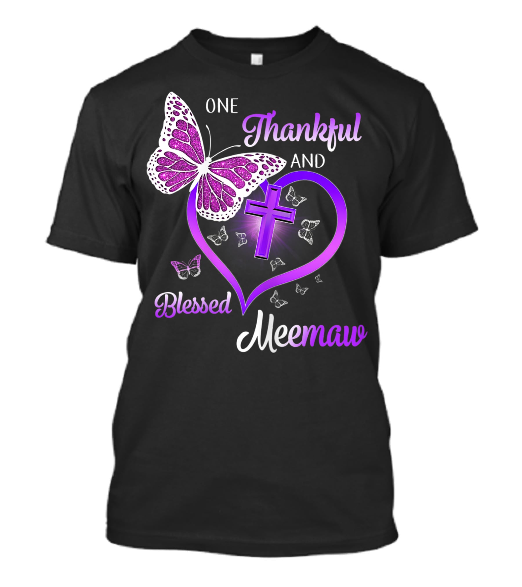 One Thankful And Blessed Meemaw Butterfly Cross Heart T-Shirt